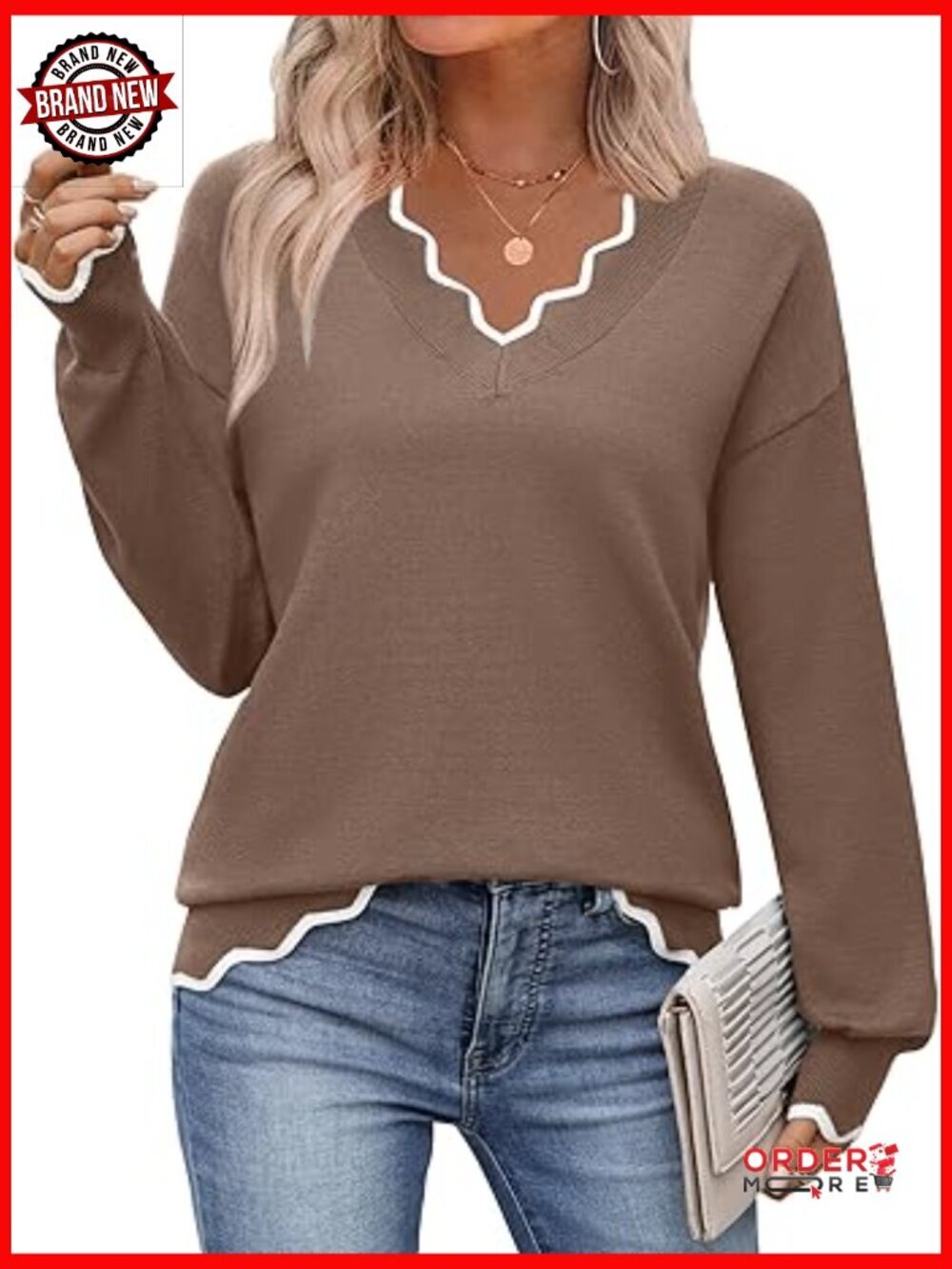V-Neck Long Sleeve Lightweight Ribbed Knit Pullover Sweater